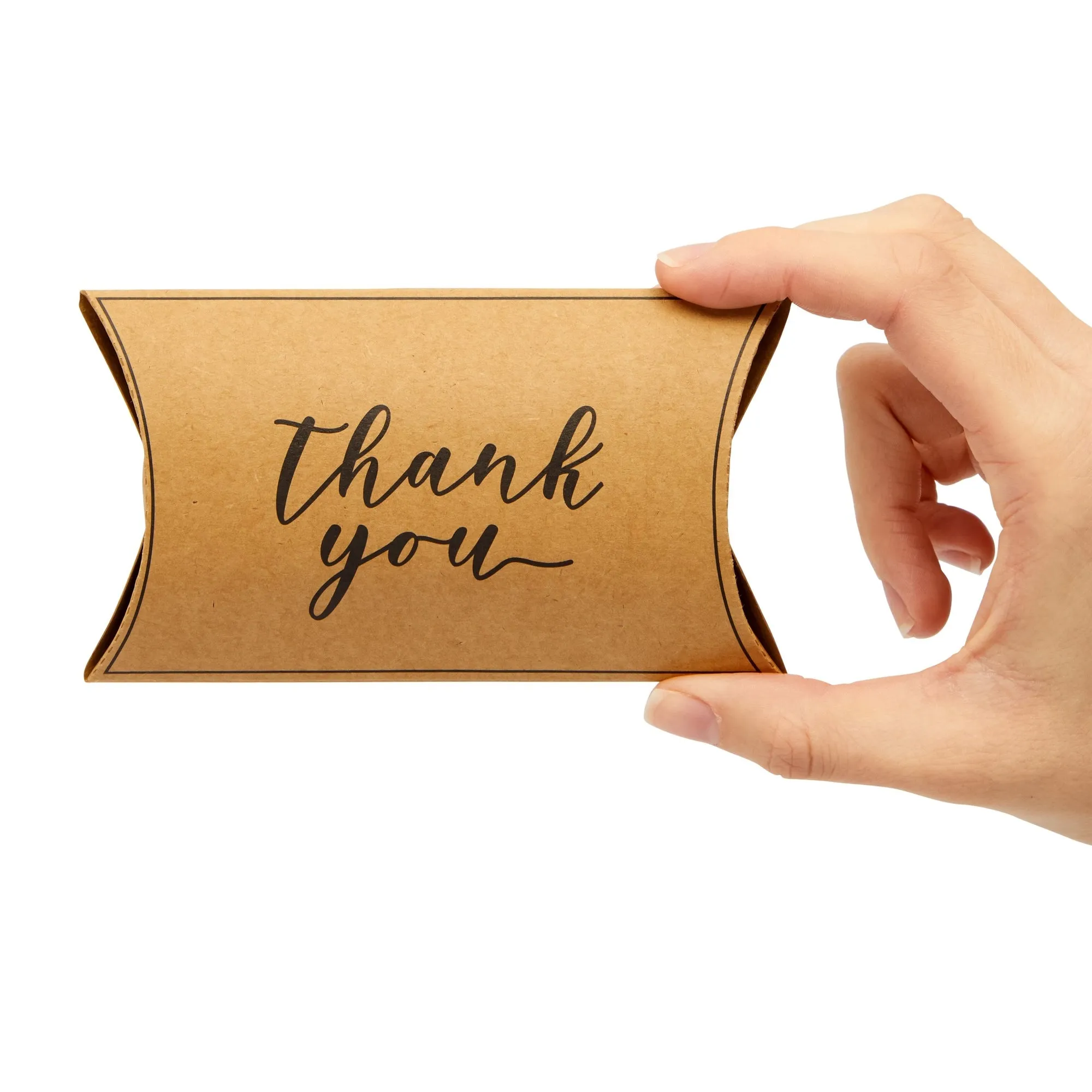 100-Pack Wedding Favor Pillow Boxes, Bulk 5.2x3.2-Inch Kraft Paper Thank You Gift Boxes with 1 Roll Jute String for Party Favors (Brown with Black Script)