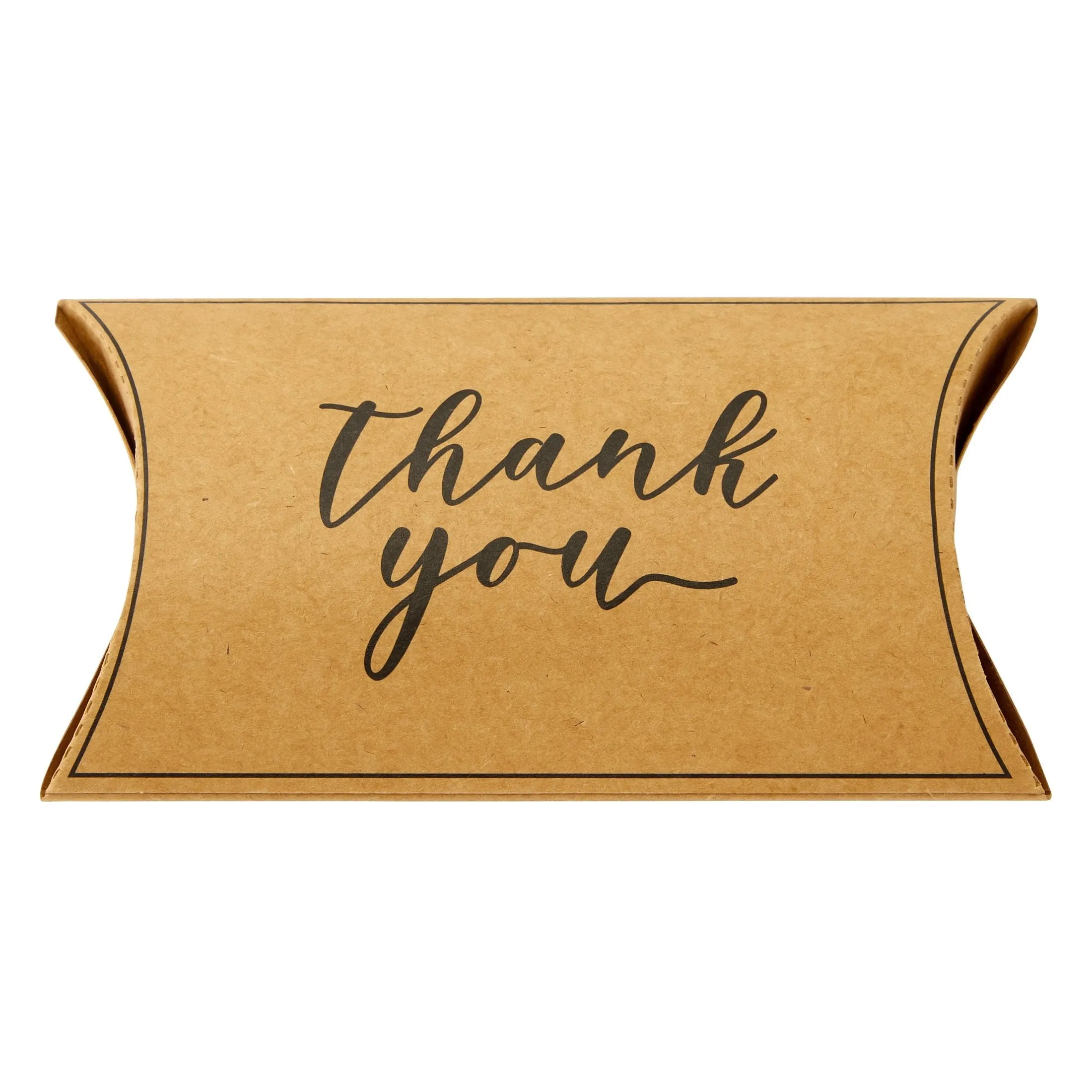 100-Pack Wedding Favor Pillow Boxes, Bulk 5.2x3.2-Inch Kraft Paper Thank You Gift Boxes with 1 Roll Jute String for Party Favors (Brown with Black Script)