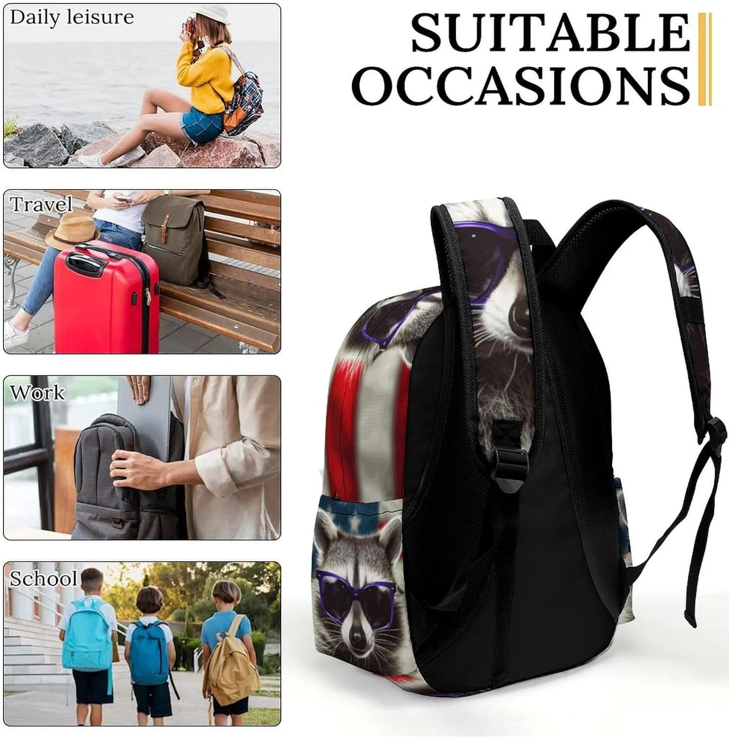 16 Inch Backpack American Flag Raccoon Backpack School Bookbag Laptop Shoulder Bag Casual Daypack