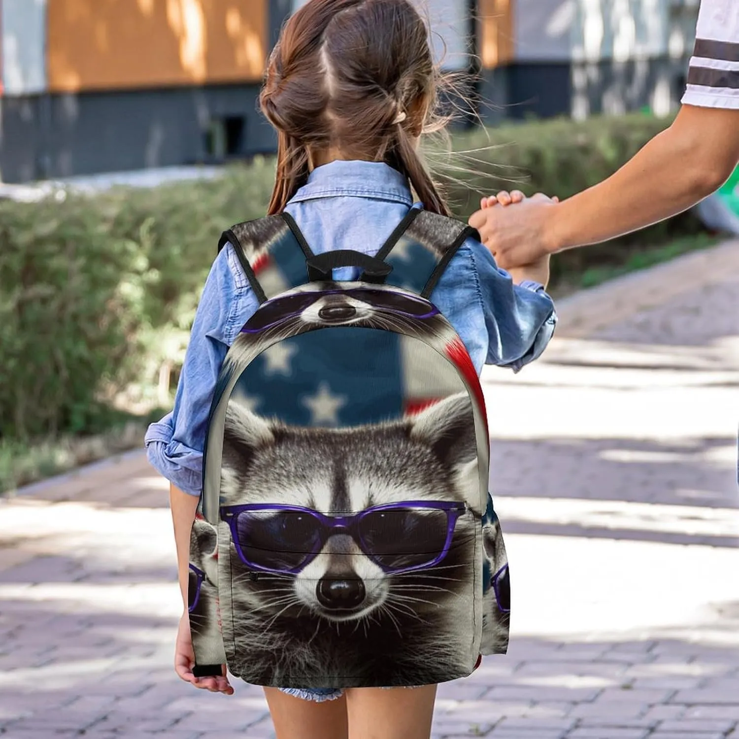 16 Inch Backpack American Flag Raccoon Backpack School Bookbag Laptop Shoulder Bag Casual Daypack