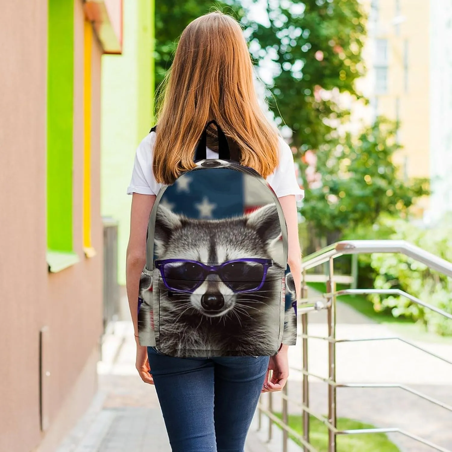 16 Inch Backpack American Flag Raccoon Backpack School Bookbag Laptop Shoulder Bag Casual Daypack