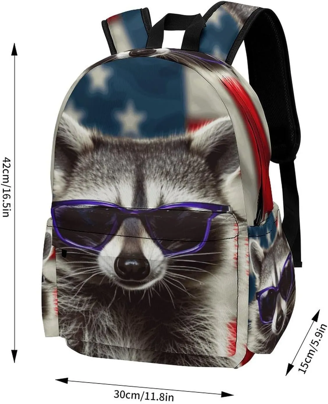 16 Inch Backpack American Flag Raccoon Backpack School Bookbag Laptop Shoulder Bag Casual Daypack