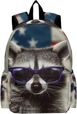 16 Inch Backpack American Flag Raccoon Backpack School Bookbag Laptop Shoulder Bag Casual Daypack