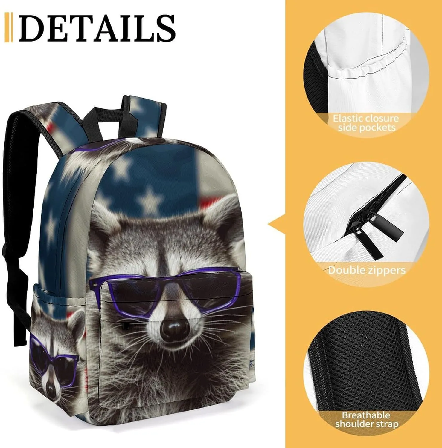 16 Inch Backpack American Flag Raccoon Backpack School Bookbag Laptop Shoulder Bag Casual Daypack