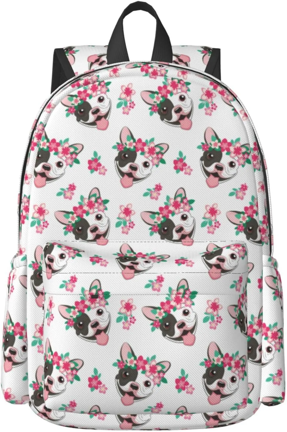 17 inch Backpack Bulldog with Pink Flowers Laptop Backpack School Bookbag Shoulder Bag Casual Daypack
