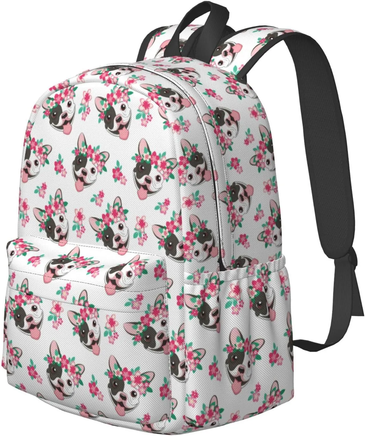 17 inch Backpack Bulldog with Pink Flowers Laptop Backpack School Bookbag Shoulder Bag Casual Daypack