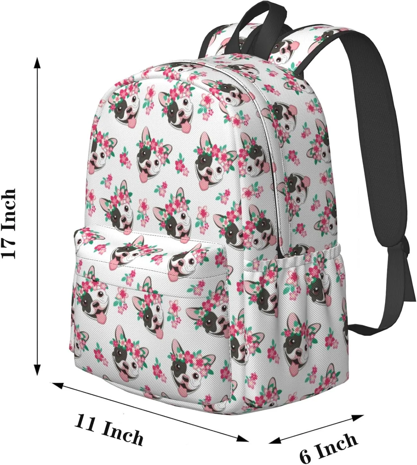 17 inch Backpack Bulldog with Pink Flowers Laptop Backpack School Bookbag Shoulder Bag Casual Daypack