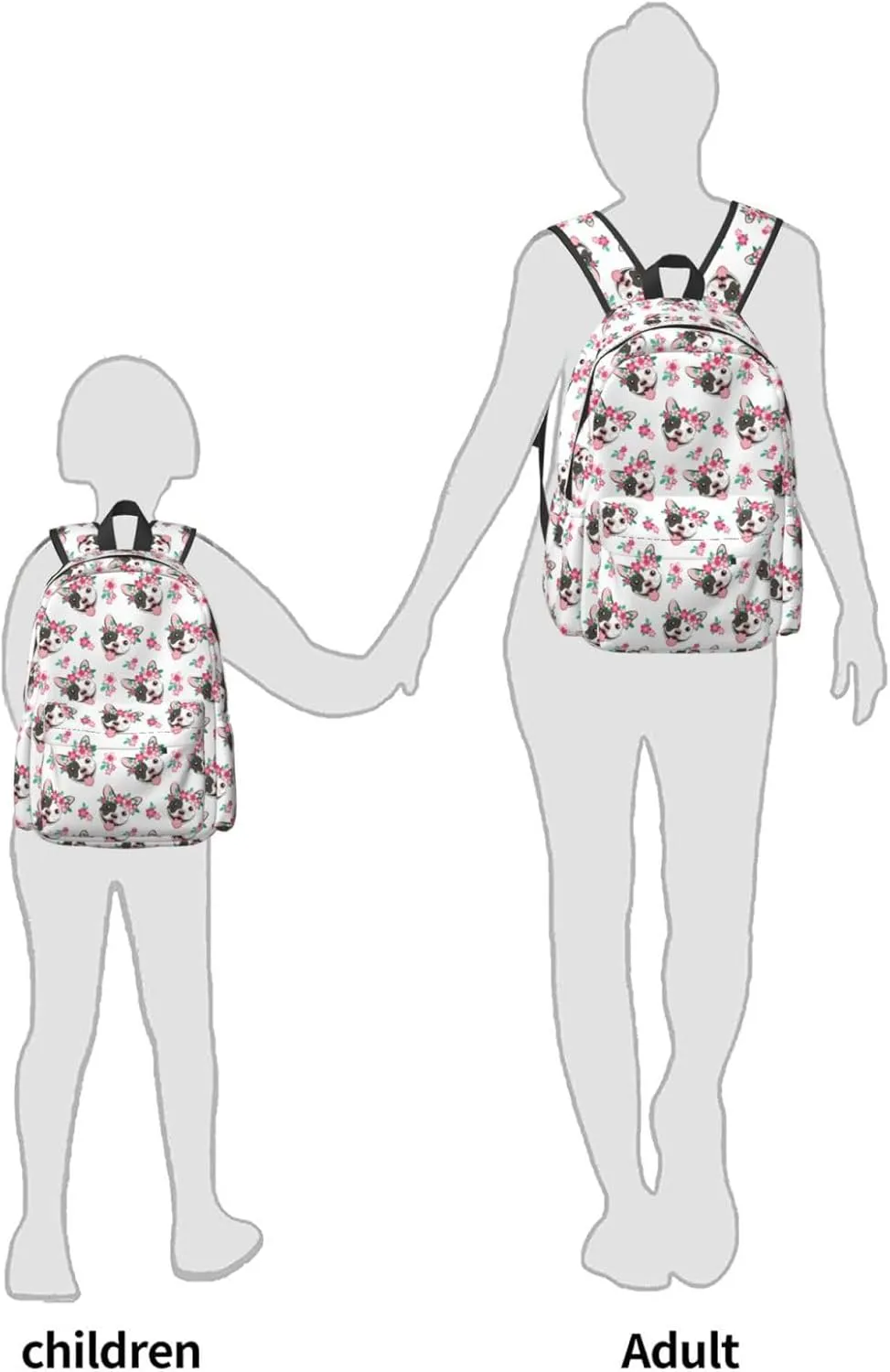 17 inch Backpack Bulldog with Pink Flowers Laptop Backpack School Bookbag Shoulder Bag Casual Daypack