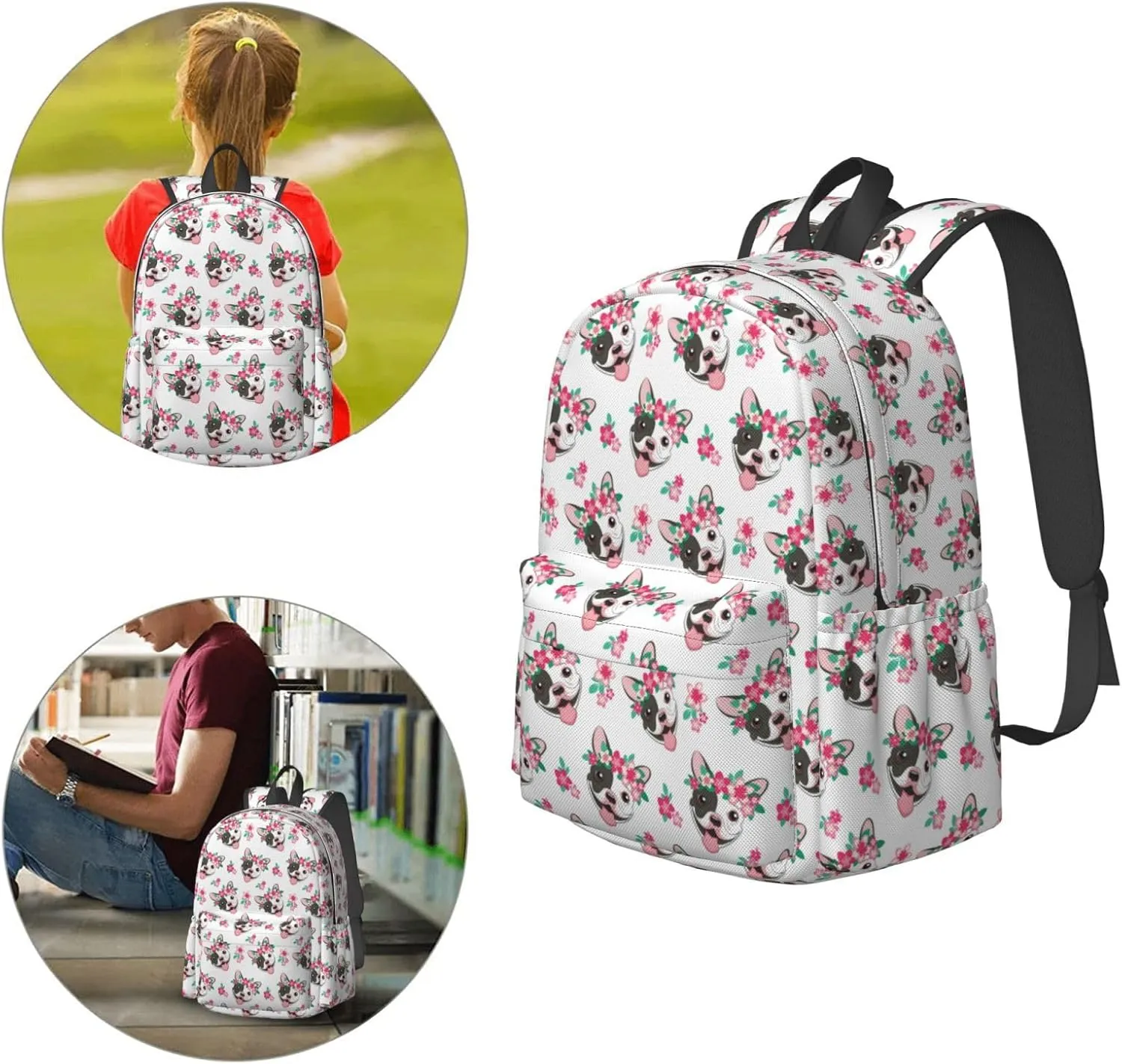 17 inch Backpack Bulldog with Pink Flowers Laptop Backpack School Bookbag Shoulder Bag Casual Daypack