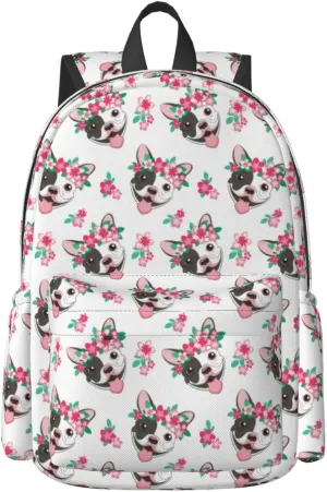 17 inch Backpack Bulldog with Pink Flowers Laptop Backpack School Bookbag Shoulder Bag Casual Daypack
