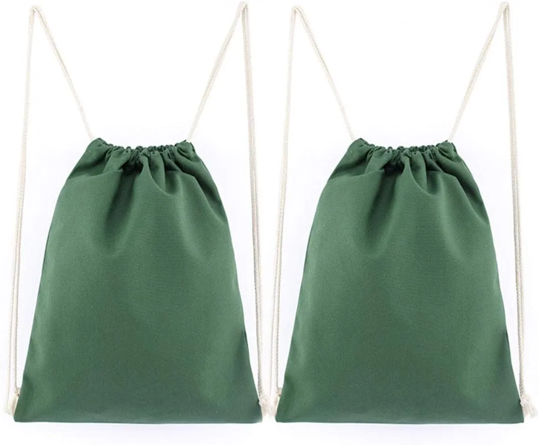 2-pack Cotton Canvas Drawstring Backpack Gym Bag Sackpack String Sack Pack Bags, Green