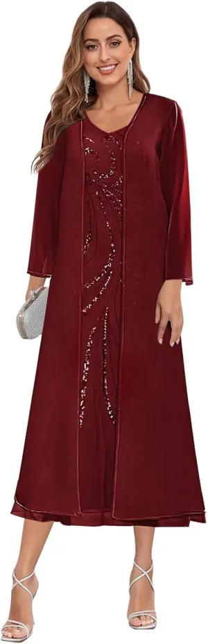 2 Piece Mother of The Bride Dresses for Wedding Tea Length Sequin Chiffon Formal Dress with Jacket