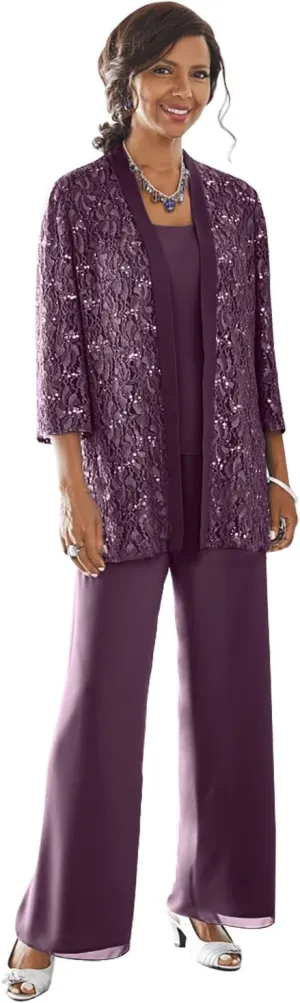 3 Pieces Mother of The Bride Pant Suits with Jacket Long Sleeve Lace Chiffon Pants Suits for Women Dressy