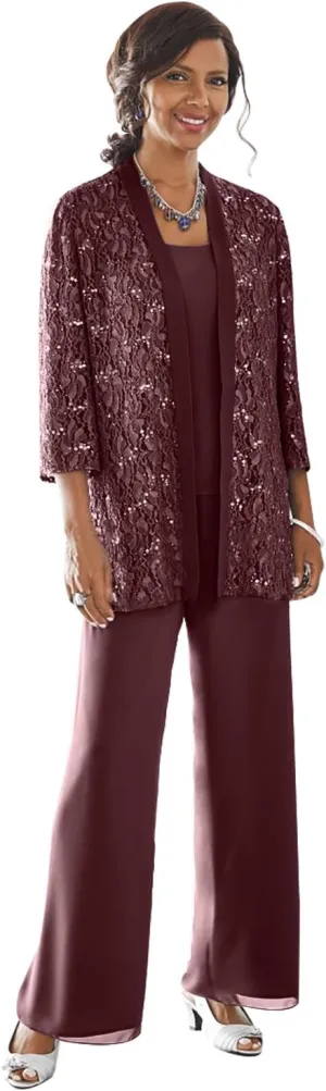 3 Pieces Mother of The Bride Pant Suits with Jacket Long Sleeve Lace Chiffon Pants Suits for Women Dressy