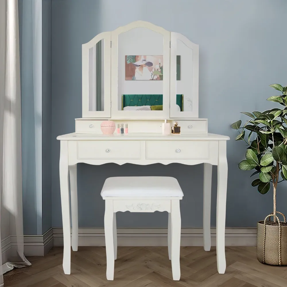 35 Inch 3 Piece Vanity Desk Set with Cushioned Stool and Elegant Trifold Mirror, 4 Drawers, Off White Solid Wood By The Urban Port
