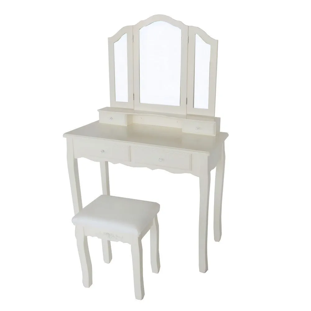 35 Inch 3 Piece Vanity Desk Set with Cushioned Stool and Elegant Trifold Mirror, 4 Drawers, Off White Solid Wood By The Urban Port