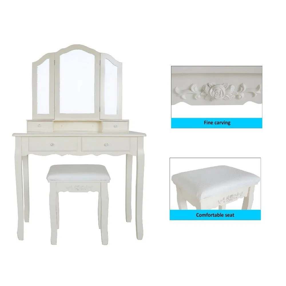 35 Inch 3 Piece Vanity Desk Set with Cushioned Stool and Elegant Trifold Mirror, 4 Drawers, Off White Solid Wood By The Urban Port