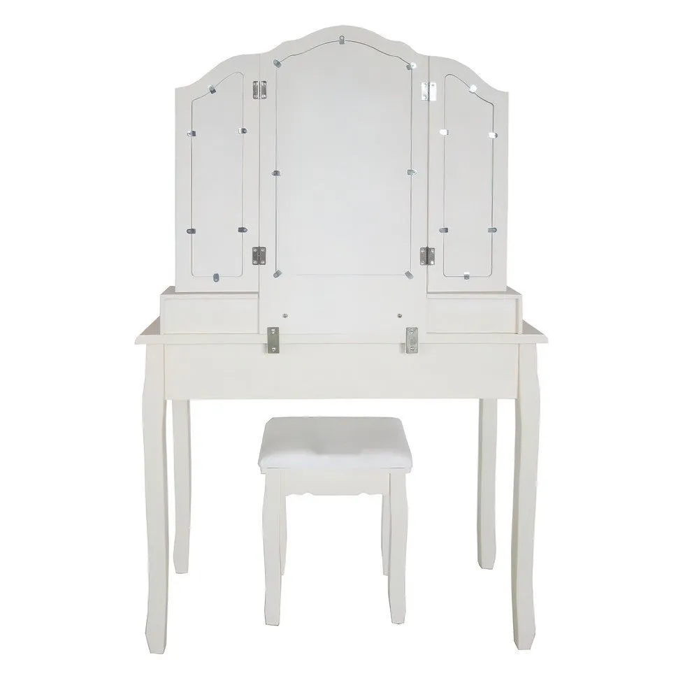 35 Inch 3 Piece Vanity Desk Set with Cushioned Stool and Elegant Trifold Mirror, 4 Drawers, Off White Solid Wood By The Urban Port