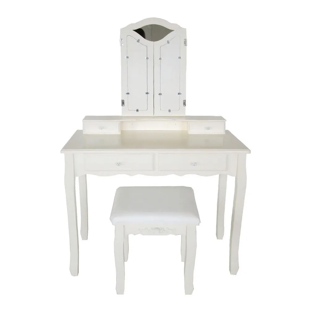 35 Inch 3 Piece Vanity Desk Set with Cushioned Stool and Elegant Trifold Mirror, 4 Drawers, Off White Solid Wood By The Urban Port