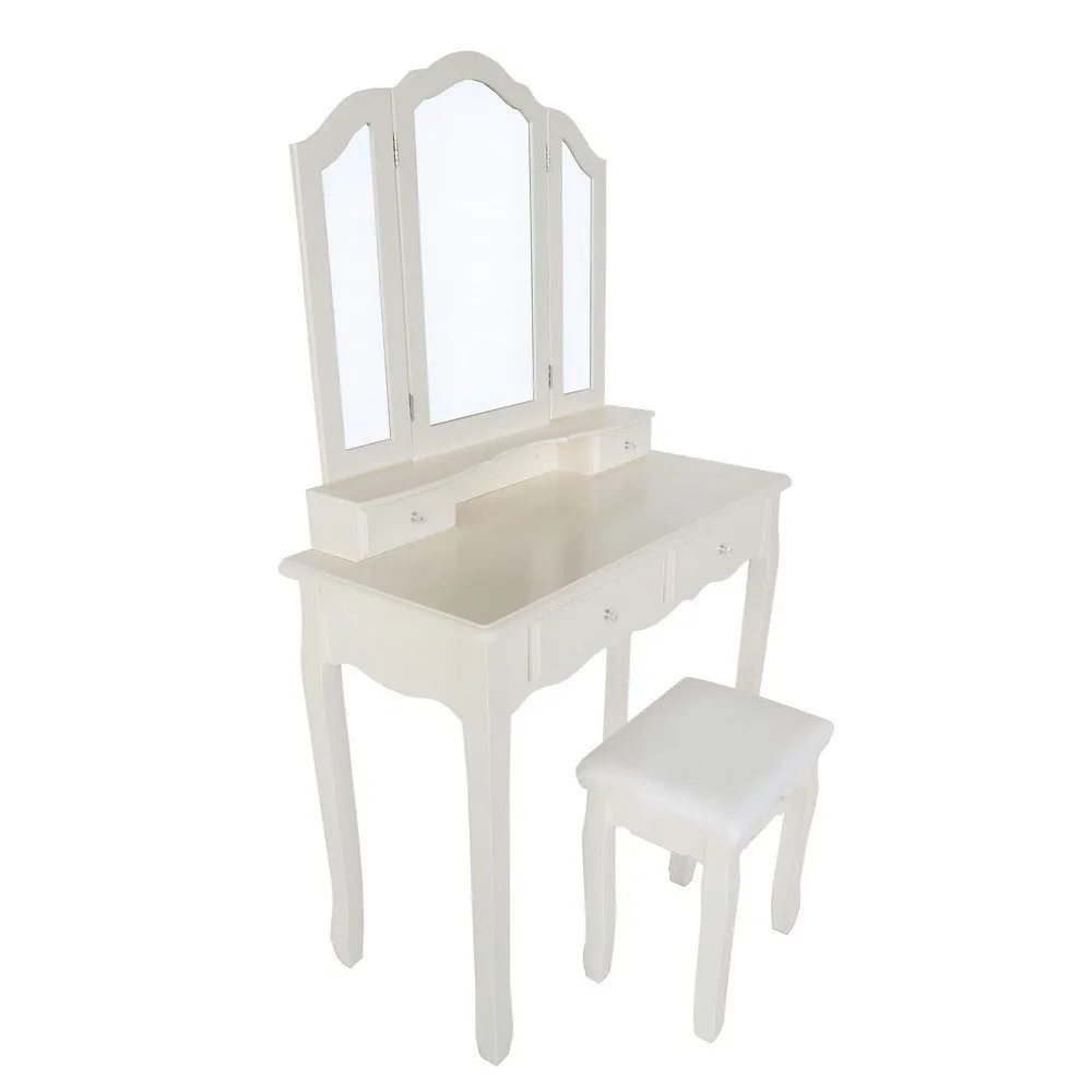 35 Inch 3 Piece Vanity Desk Set with Cushioned Stool and Elegant Trifold Mirror, 4 Drawers, Off White Solid Wood By The Urban Port