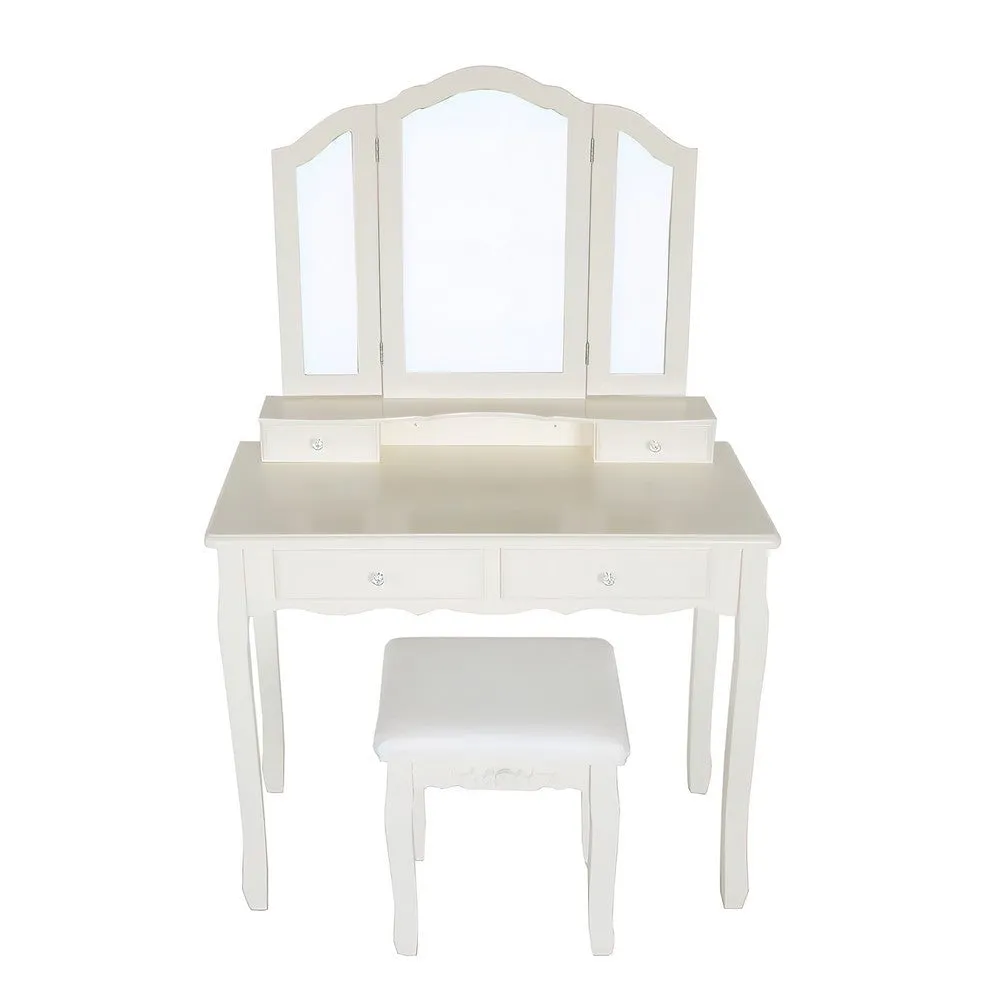 35 Inch 3 Piece Vanity Desk Set with Cushioned Stool and Elegant Trifold Mirror, 4 Drawers, Off White Solid Wood By The Urban Port