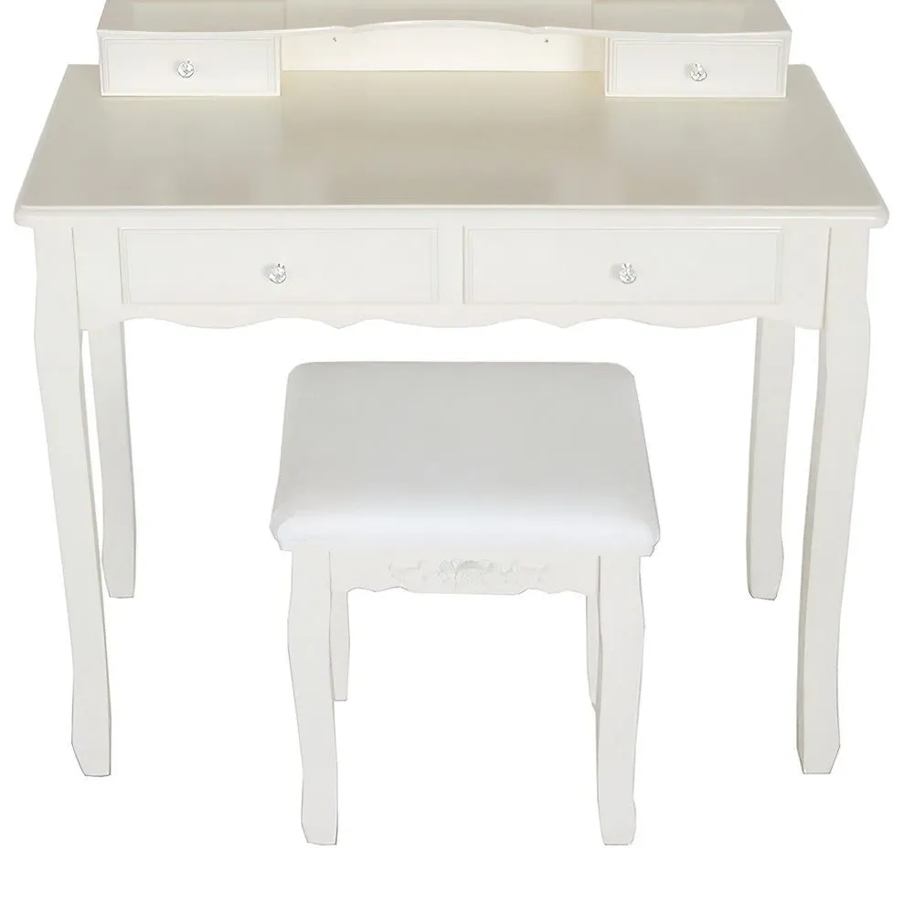 35 Inch 3 Piece Vanity Desk Set with Cushioned Stool and Elegant Trifold Mirror, 4 Drawers, Off White Solid Wood By The Urban Port