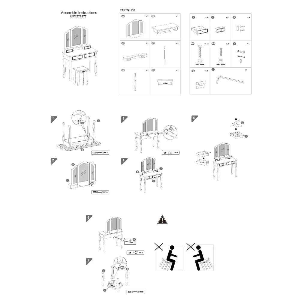 35 Inch 3 Piece Vanity Desk Set with Cushioned Stool and Elegant Trifold Mirror, 4 Drawers, Off White Solid Wood By The Urban Port