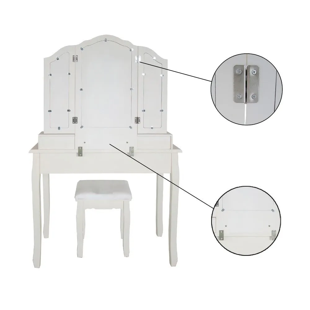 35 Inch 3 Piece Vanity Desk Set with Cushioned Stool and Elegant Trifold Mirror, 4 Drawers, Off White Solid Wood By The Urban Port
