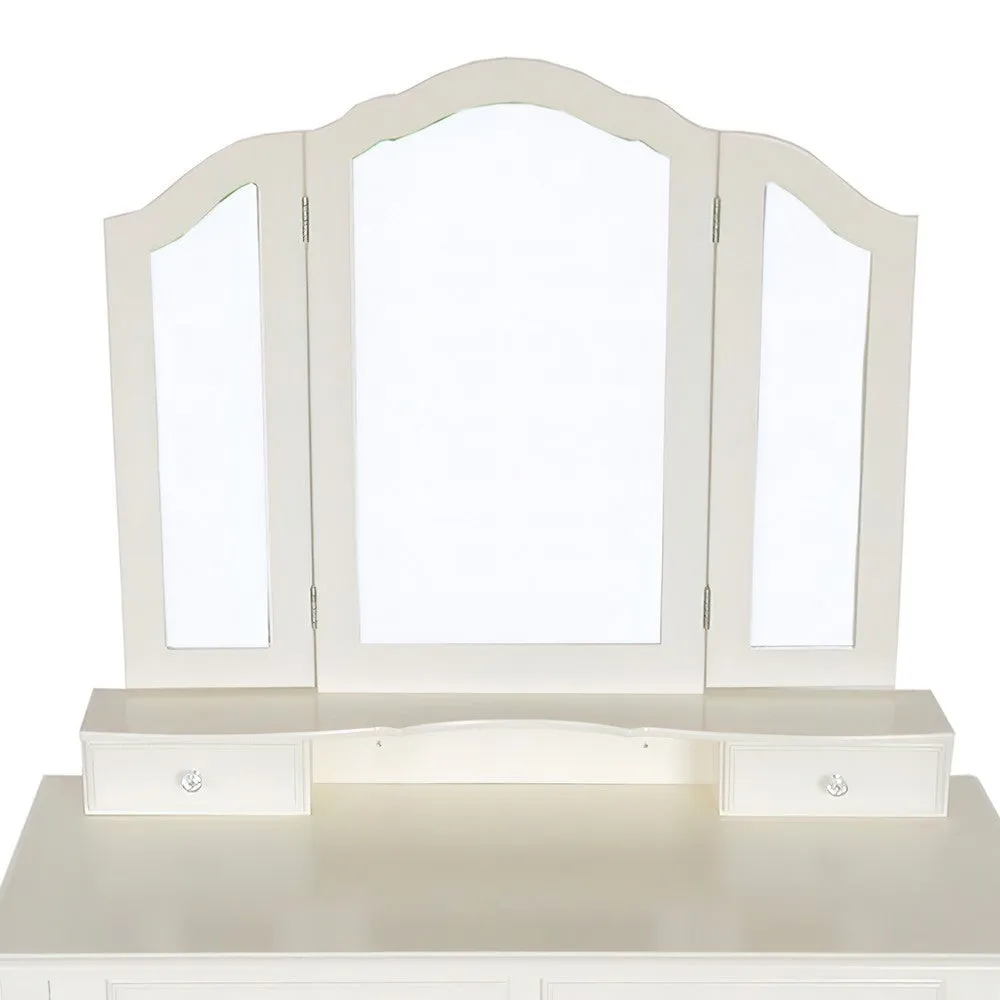 35 Inch 3 Piece Vanity Desk Set with Cushioned Stool and Elegant Trifold Mirror, 4 Drawers, Off White Solid Wood By The Urban Port