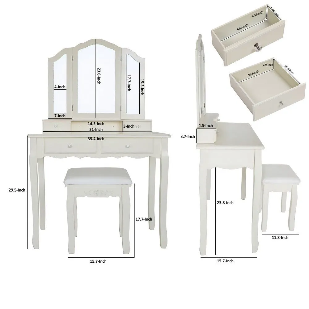 35 Inch 3 Piece Vanity Desk Set with Cushioned Stool and Elegant Trifold Mirror, 4 Drawers, Off White Solid Wood By The Urban Port