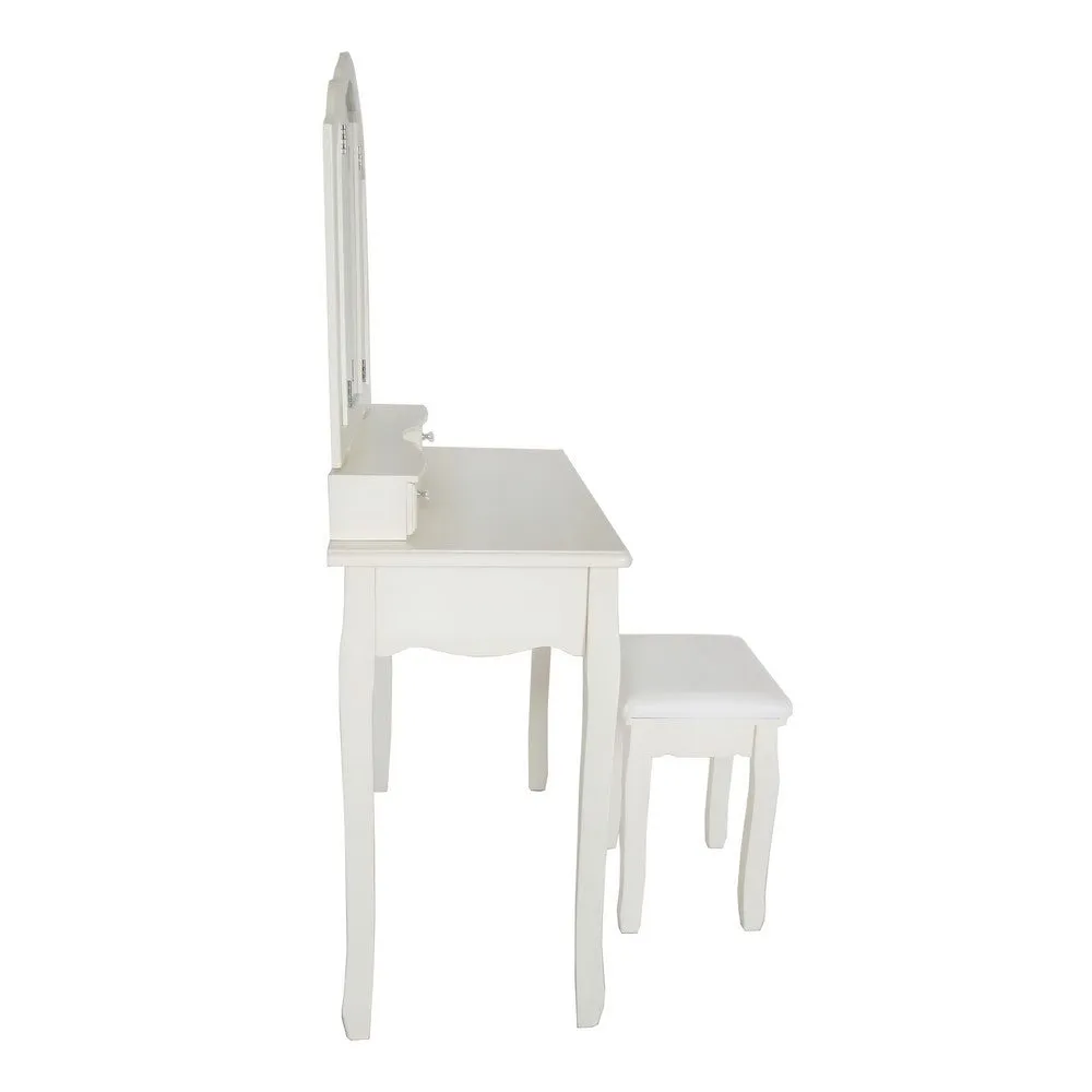 35 Inch 3 Piece Vanity Desk Set with Cushioned Stool and Elegant Trifold Mirror, 4 Drawers, Off White Solid Wood By The Urban Port
