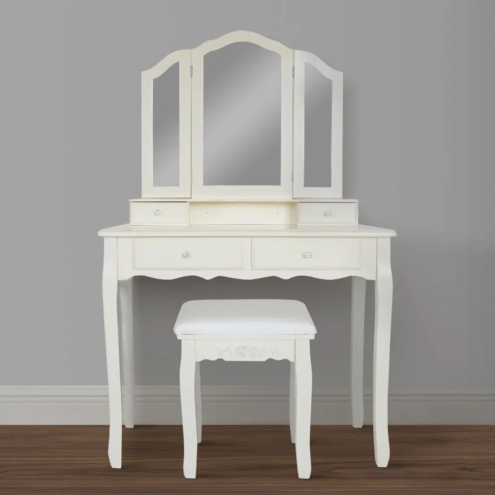 35 Inch 3 Piece Vanity Desk Set with Cushioned Stool and Elegant Trifold Mirror, 4 Drawers, Off White Solid Wood By The Urban Port