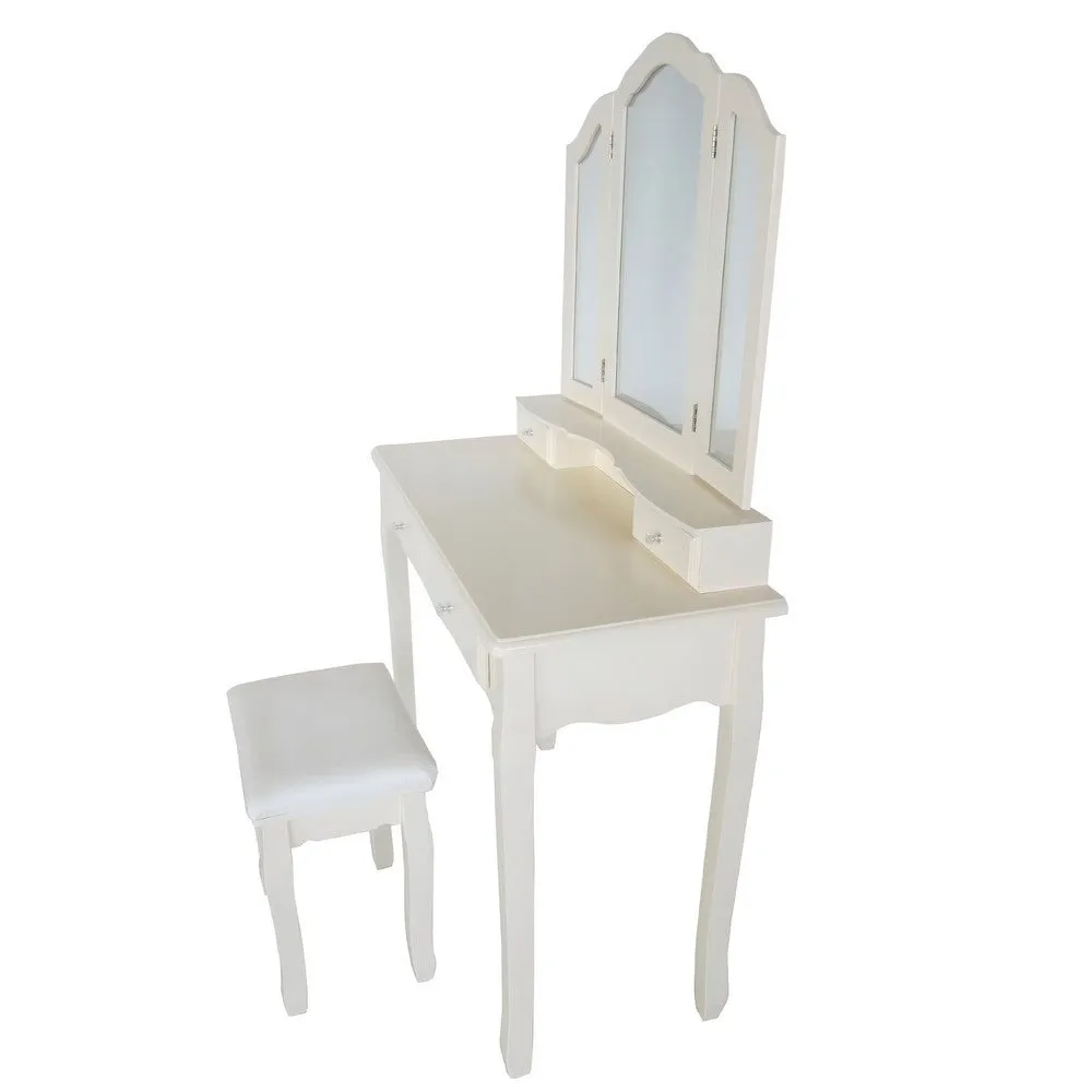35 Inch 3 Piece Vanity Desk Set with Cushioned Stool and Elegant Trifold Mirror, 4 Drawers, Off White Solid Wood By The Urban Port