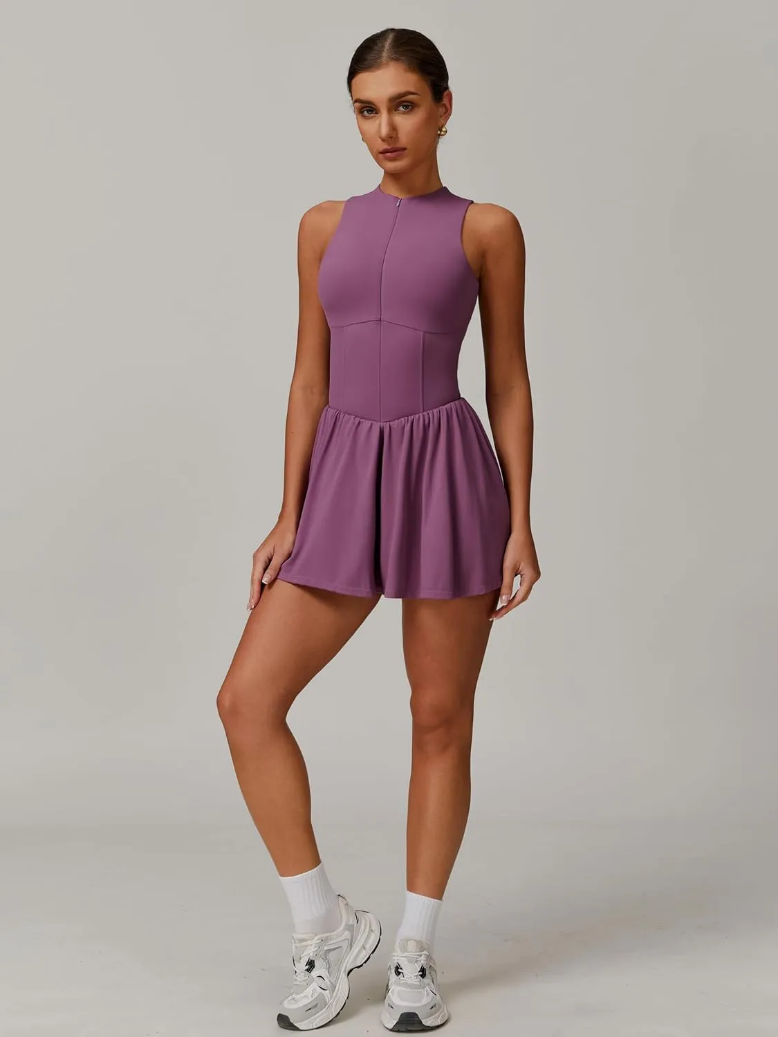 ABOCIW Womens Zip Front Tennis Dress High Neck Sleeveless Workout Golf Dresses Build in Shorts with Pockets