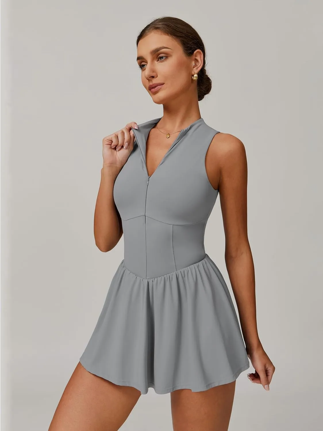 ABOCIW Womens Zip Front Tennis Dress High Neck Sleeveless Workout Golf Dresses Build in Shorts with Pockets