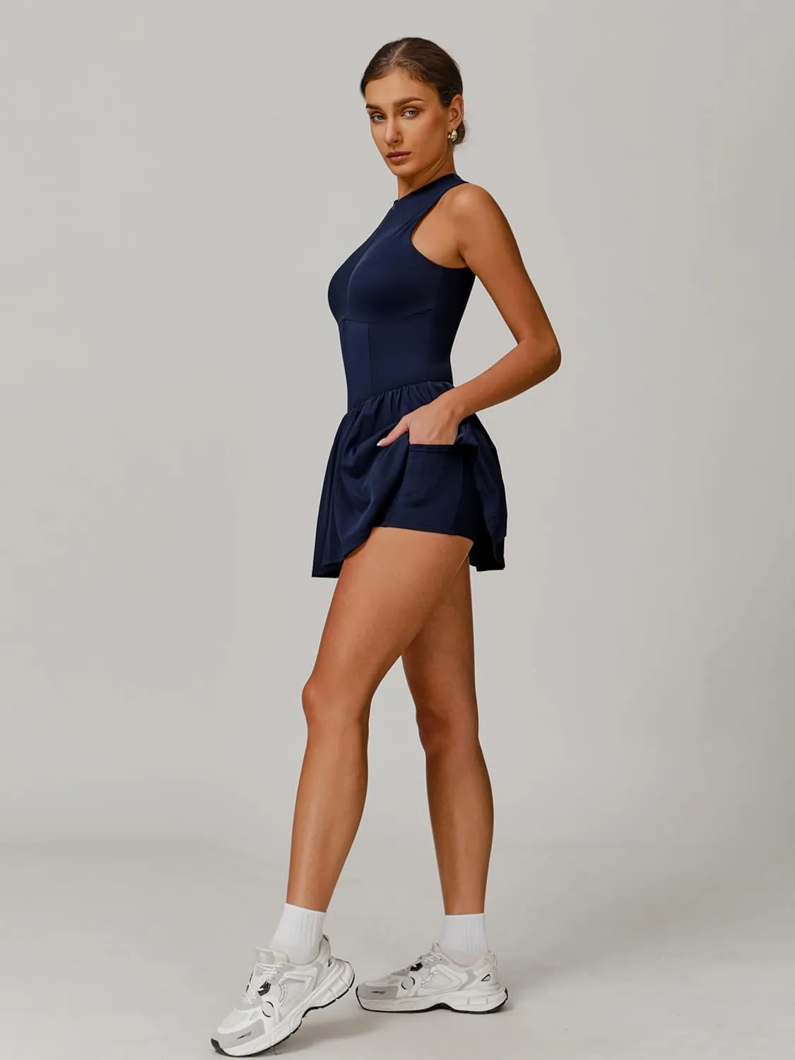 ABOCIW Womens Zip Front Tennis Dress High Neck Sleeveless Workout Golf Dresses Build in Shorts with Pockets