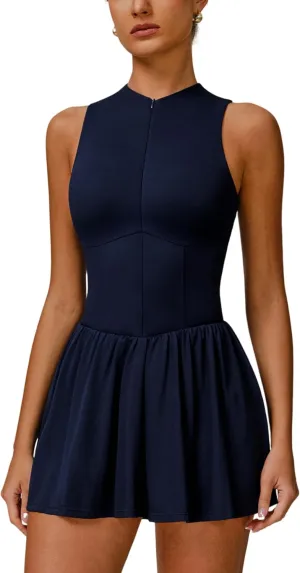 ABOCIW Womens Zip Front Tennis Dress High Neck Sleeveless Workout Golf Dresses Build in Shorts with Pockets