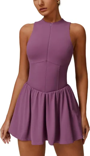 ABOCIW Womens Zip Front Tennis Dress High Neck Sleeveless Workout Golf Dresses Build in Shorts with Pockets