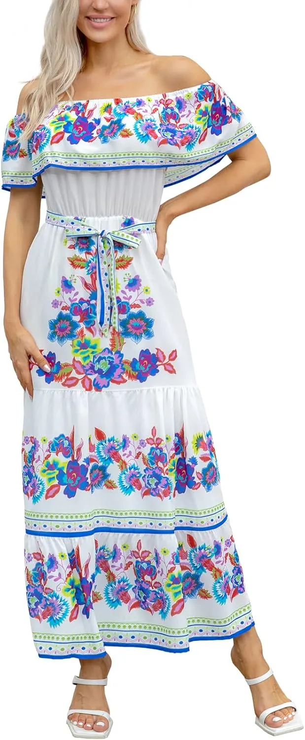 ACOSAP Women's Mexican Dress Summer Floral Print Off The Shoulder Sleeveless Beach Long Maxi Dress