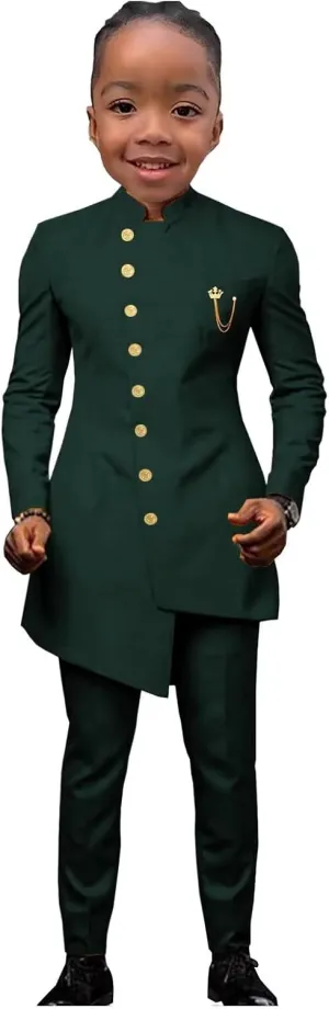 African Suits for Boy Solid Jackets and Pants 2 Piece Set Slim Fit Formal Outfits Wedding