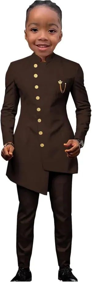 African Suits for Boy Solid Jackets and Pants 2 Piece Set Slim Fit Formal Outfits Wedding