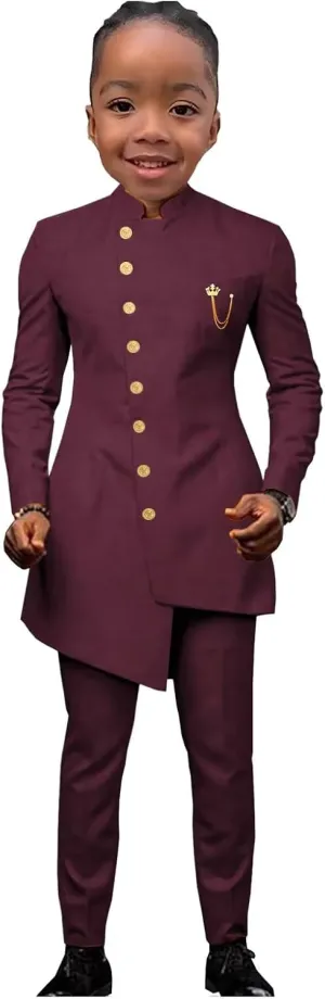 African Suits for Boy Solid Jackets and Pants 2 Piece Set Slim Fit Formal Outfits Wedding
