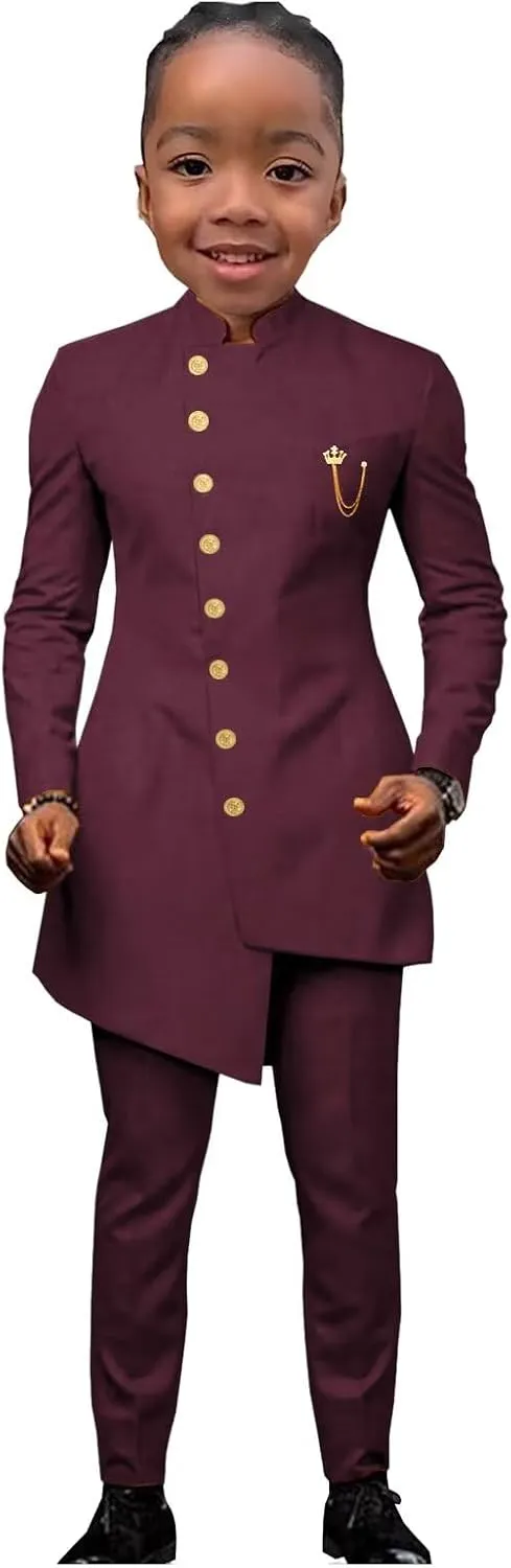African Suits for Boy Solid Jackets and Pants 2 Piece Set Slim Fit Formal Outfits Wedding