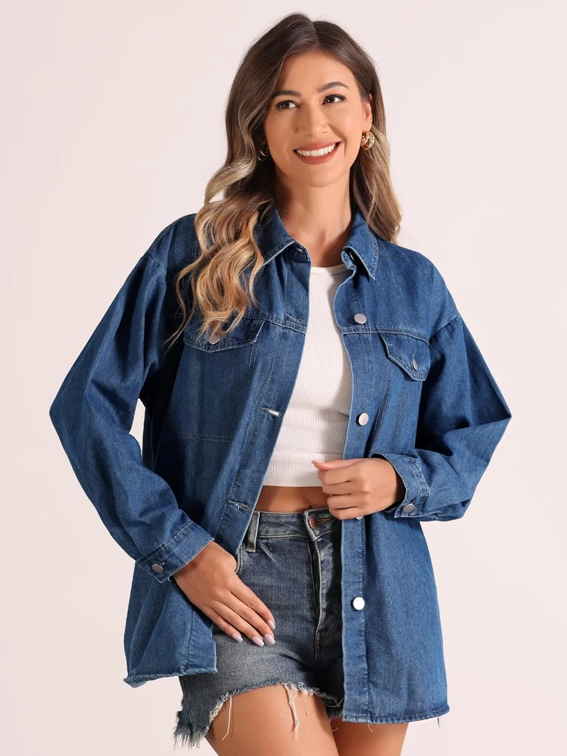 Allegra K Denim Jacket for Women's Button Down Long Sleeve Pockets 2024 Boyfriend Oversized Jean Jackets