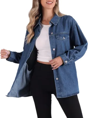 Allegra K Denim Jacket for Women's Button Down Long Sleeve Pockets 2024 Boyfriend Oversized Jean Jackets