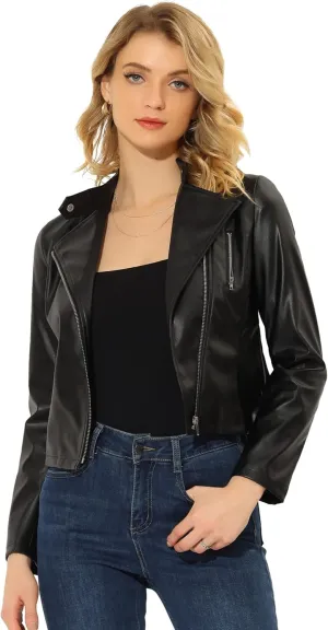Allegra K PU Crop Jacket for Women's Slim Fit Zip Up Belted Motorcycle Faux Leather Jackets