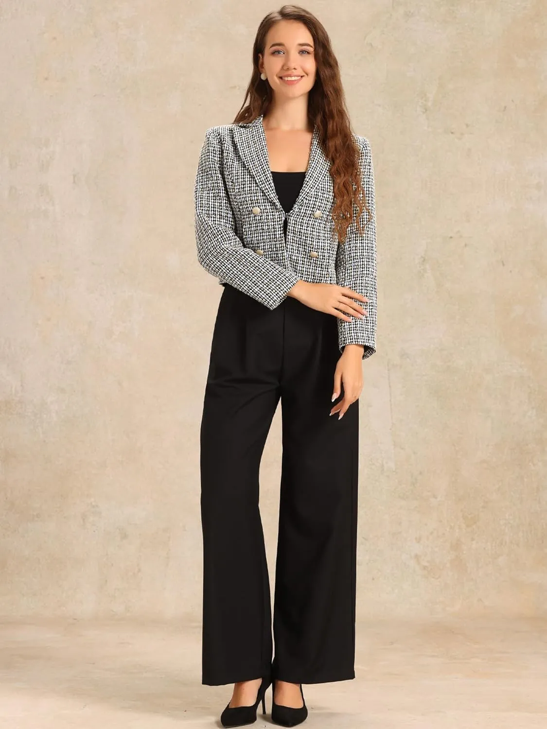 Allegra K Tweed Cardigan for Women's Notch Lapel Buttons Office Long Sleeve Casual Blazer Jackets