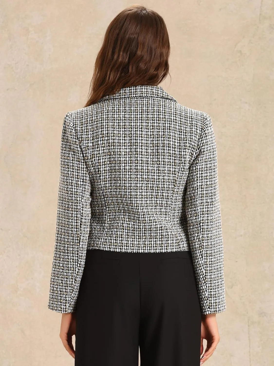 Allegra K Tweed Cardigan for Women's Notch Lapel Buttons Office Long Sleeve Casual Blazer Jackets