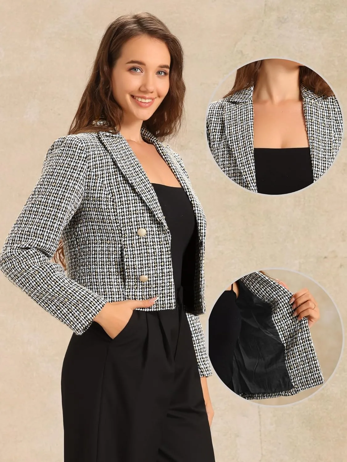 Allegra K Tweed Cardigan for Women's Notch Lapel Buttons Office Long Sleeve Casual Blazer Jackets