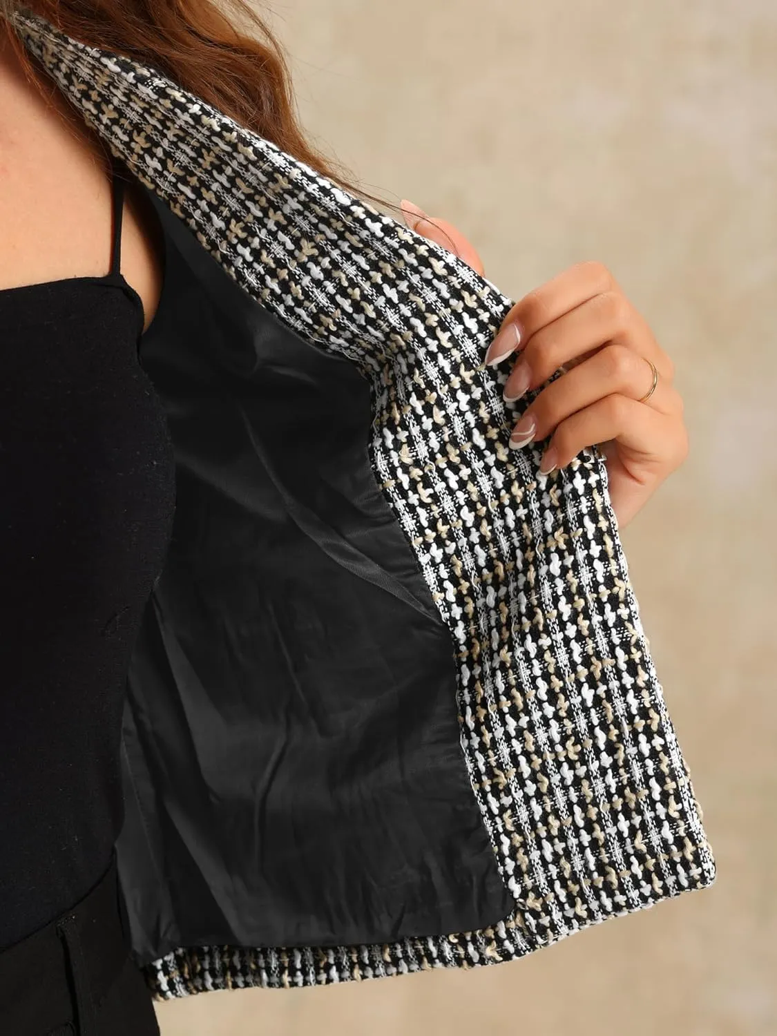 Allegra K Tweed Cardigan for Women's Notch Lapel Buttons Office Long Sleeve Casual Blazer Jackets